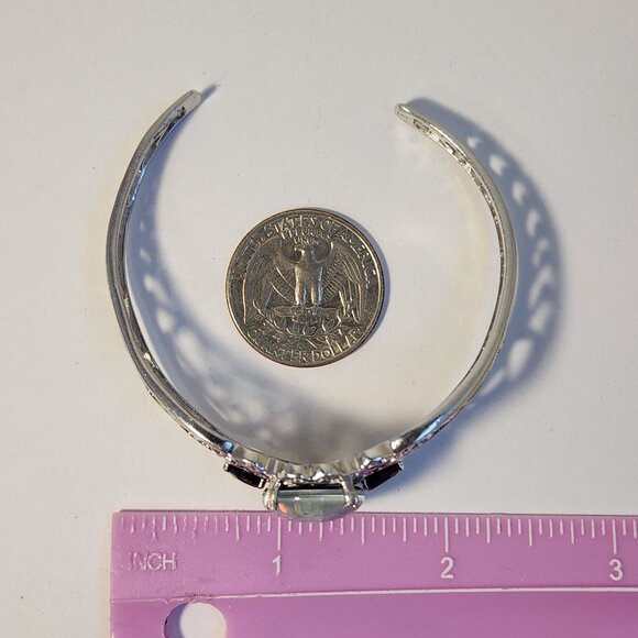 VTG Natural Opal & Onyx Platinum Clad Open Cuff Filigree Ornate Bracelet - Picture 12 of 15